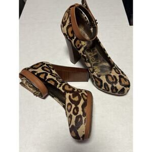 Sam Edelman Leather Heel with Leopard Print Hair - Chunky Ankle Strap Size 8
